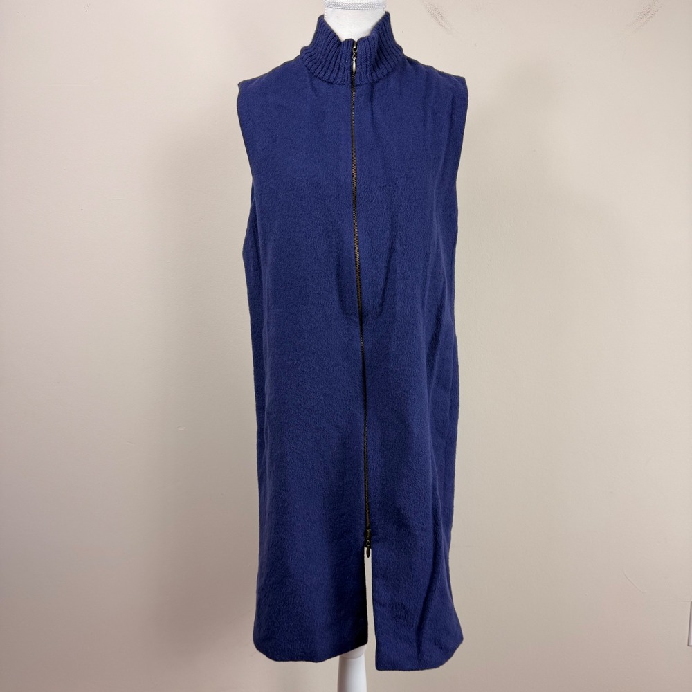 Itala Testino Blue Alpaca Wool Longline Vest Mock‎ Neck Two-Way Zip Pockets Med.
